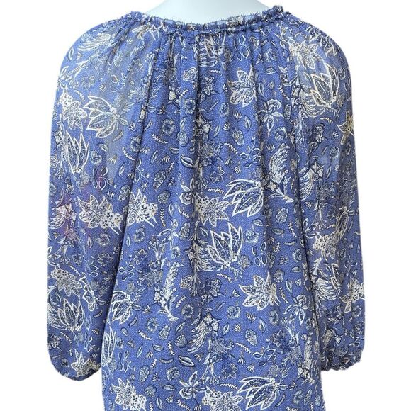 Lane Bryant Blue and White Floral Blouse gold glitter sheer Elastic bell sleeve - Picture 2 of 5